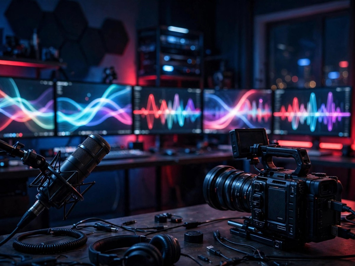 Inside a modern AI media studio: a cinema camera and microphone before monitors glowing with waveforms
