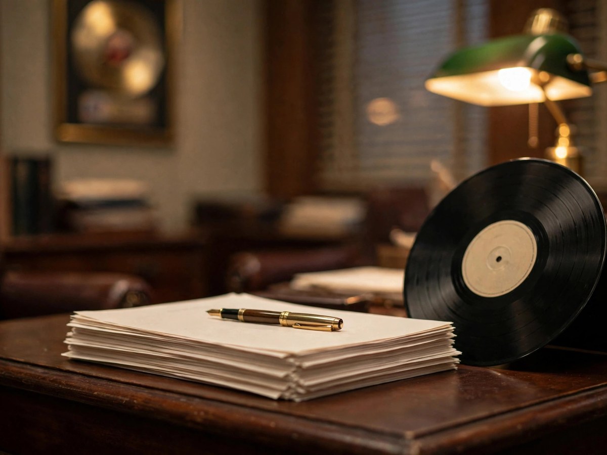 An entertainment lawyer's desk: a fountain pen on a stack of recording contracts, a vinyl record beside it, a gold record on the wall