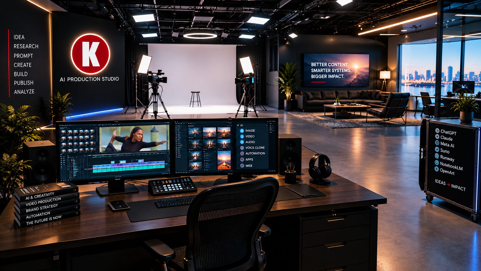 The Kennedy Firm AI production studio — an editing desk with dual monitors in the foreground, cameras and a white stage beneath the glowing red K logo, and a screen reading Better Content. Smarter Systems. Bigger Impact.