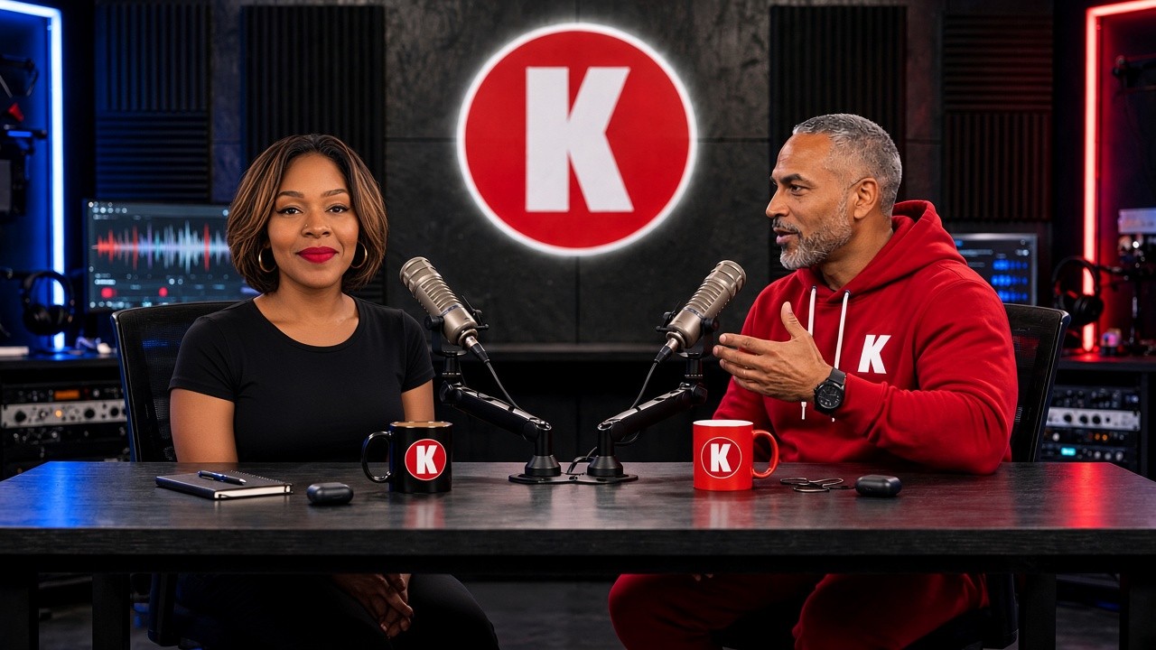 Justin and Carmen Kennedy in The Kennedy Firm podcast studio — microphones, K mugs, and the red K logo on the wall behind them