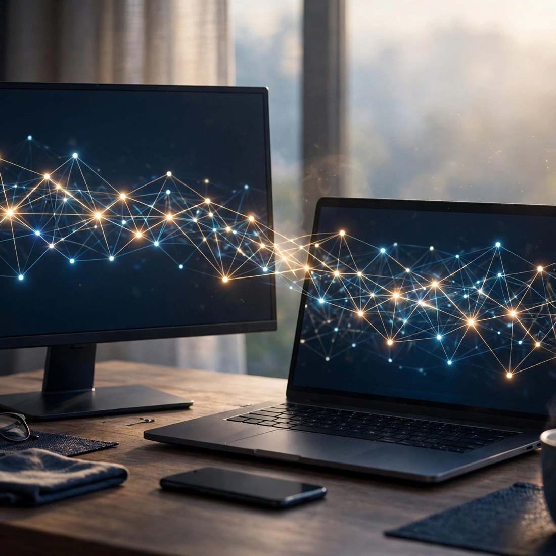 Workflow automation: a calm desk at dawn, a monitor and laptop linked by a glowing network of connected tasks